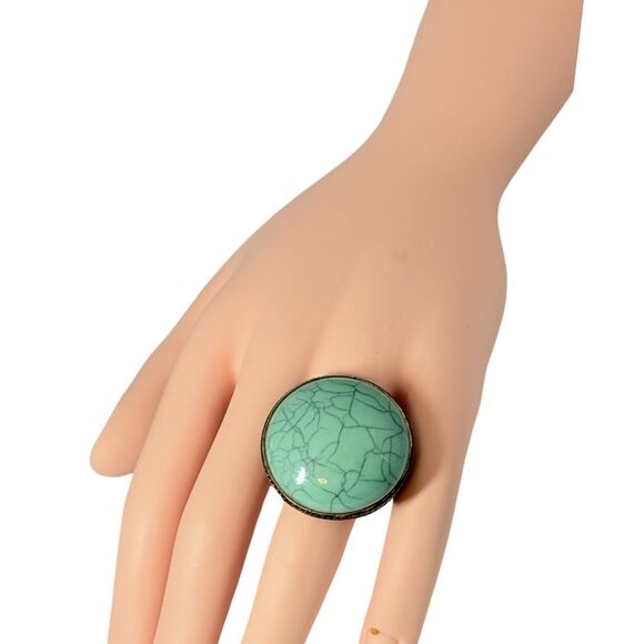 VTG Large Dome Round Faux Turquoise Filigree Brass Statement Ring Size 7 - Picture 8 of 13